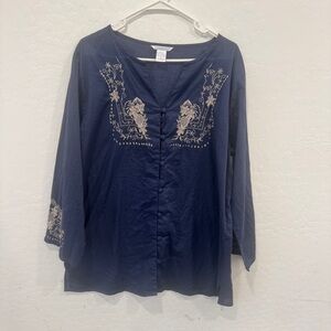 Silhouettes Shirt Womens 1X Blue Tan Floral Button Bohemian Spring Summer Cotton